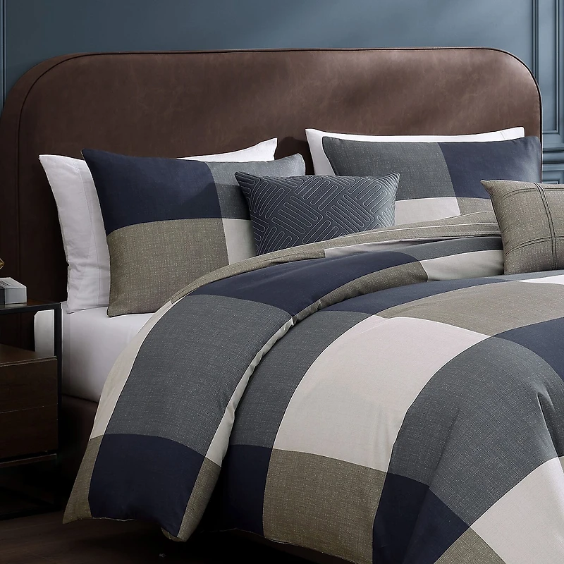 Bebejan Checkered Navy Tan 5-pc. Midweight REVERSIBLE Comforter Set