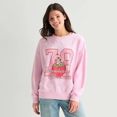 Strawberry Shortcake Crew Fleece Womens Juniors Neck Long Sleeve Embroidered Sweatshirt