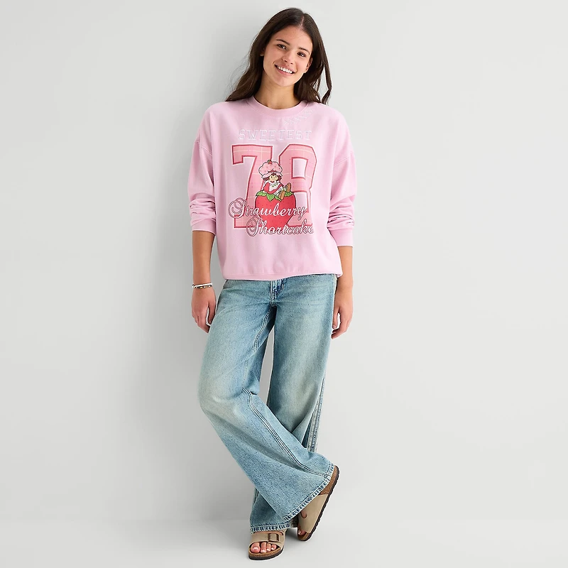 Strawberry Shortcake Crew Fleece Womens Juniors Neck Long Sleeve Embroidered Sweatshirt