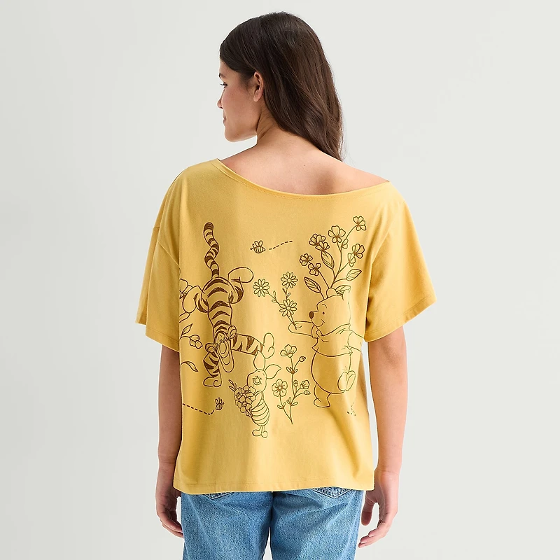 Winnie Off The Shoulder Tee Womens Juniors Round Neck Short Sleeve Loose Fit Pooh Graphic T-Shirt