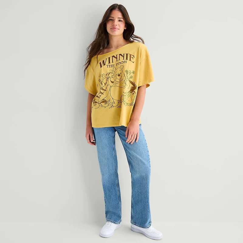Winnie Off The Shoulder Tee Womens Juniors Round Neck Short Sleeve Loose Fit Pooh Graphic T-Shirt