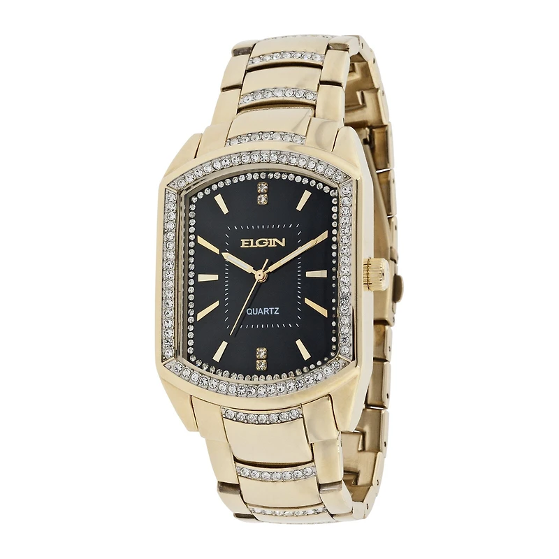 Elgin® Mens Gold-Tone & Crystal-Accent Rectangular Watch