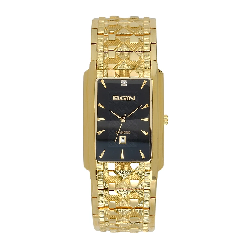 Elgin® Mens Gold-Tone & Diamond-Accent Rectangular Watch