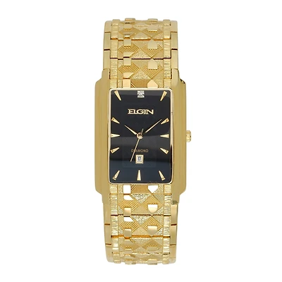 Elgin® Mens Gold-Tone & Diamond-Accent Rectangular Watch