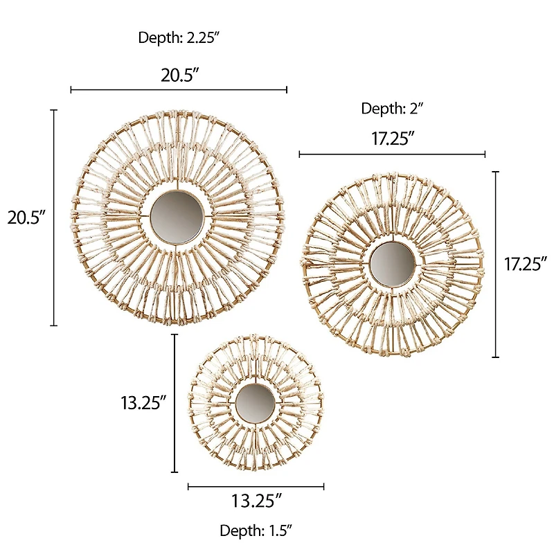 Madison Park Ella Round Natural Fiber And Mirror 3-pc. Wall Art Set