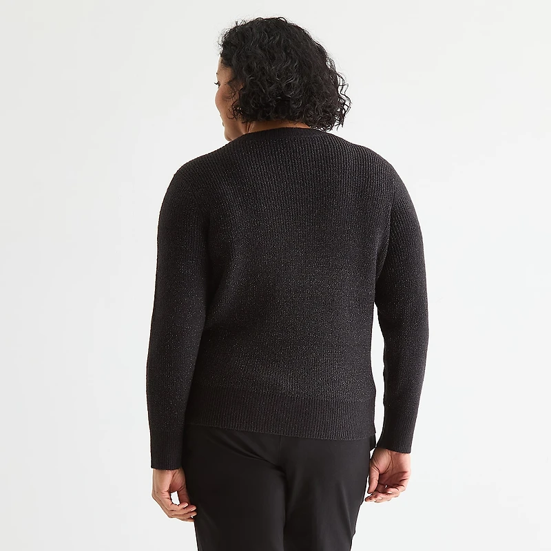 Liz Claiborne Plus Womens Crew Neck Embellished Long Sleeve Pullover Sweater