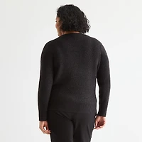 Liz Claiborne Plus Womens Crew Neck Embellished Long Sleeve Pullover Sweater