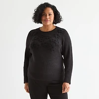 Liz Claiborne Plus Womens Crew Neck Embellished Long Sleeve Pullover Sweater