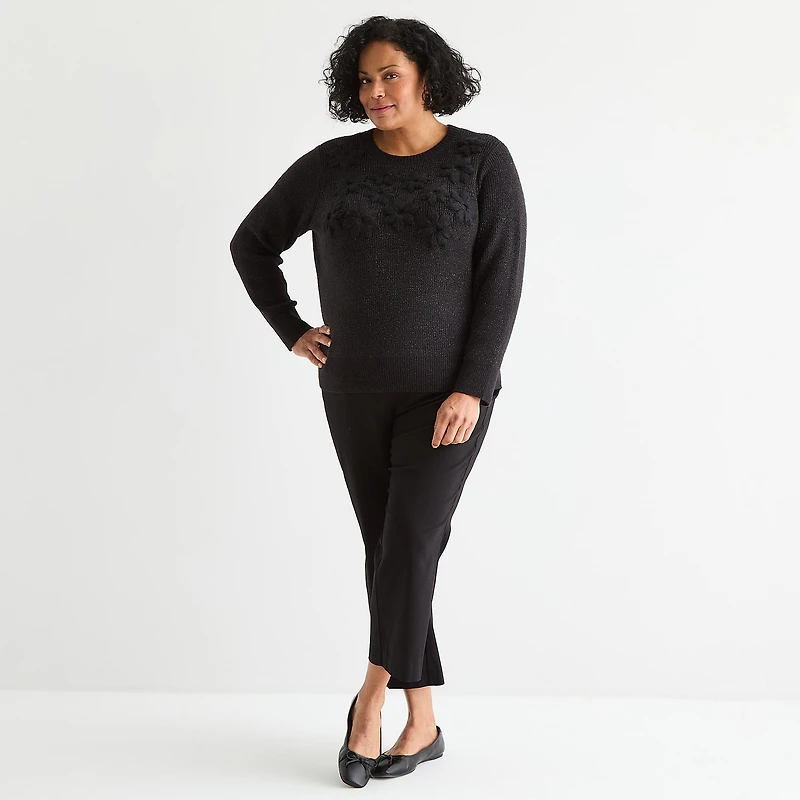 Liz Claiborne Plus Womens Crew Neck Embellished Long Sleeve Pullover Sweater
