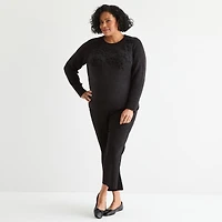 Liz Claiborne Plus Womens Crew Neck Embellished Long Sleeve Pullover Sweater