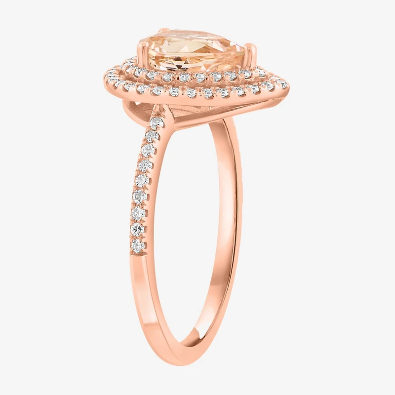 Effy Final Call Limited Quantities! Womens 1/4 CT. T.W. Genuine Pink Morganite 14K Rose Gold Pear Halo Side Stone Cocktail Ring