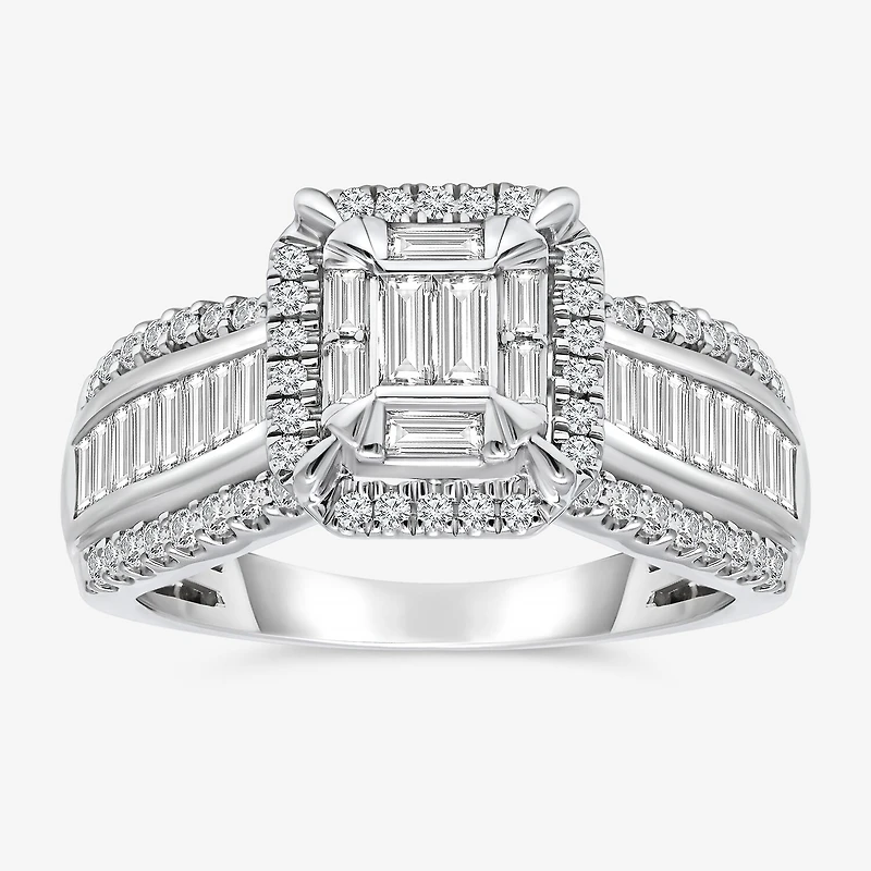(I / I1) Womens 1 CT. T.W. Lab Grown White Diamond 10K Gold Side Stone Halo Engagement Ring