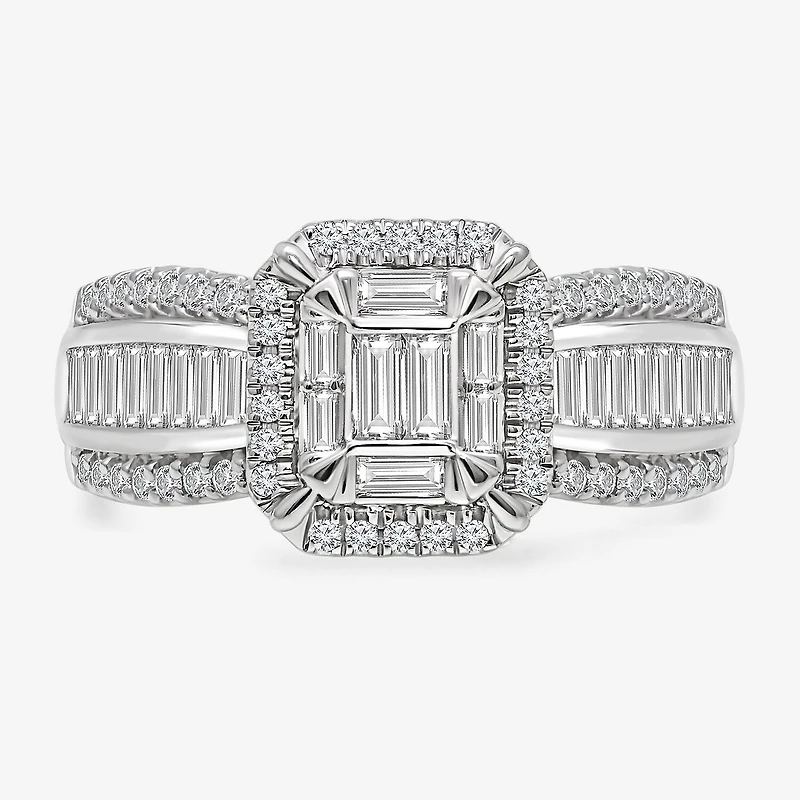 (I / I1) Womens 1 CT. T.W. Lab Grown White Diamond 10K Gold Side Stone Halo Engagement Ring