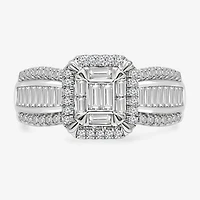 (I / I1) Womens 1 CT. T.W. Lab Grown White Diamond 10K Gold Side Stone Halo Engagement Ring
