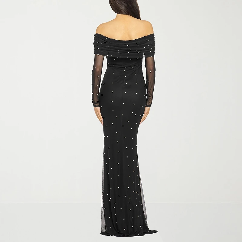 Premier Amour Womens Straight Neck Long Sleeve Off the Shoulder Pearl Trim Evening Gown
