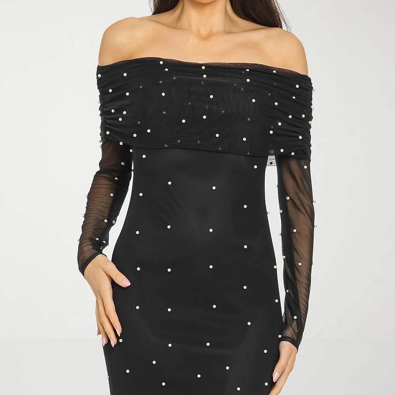 Premier Amour Womens Straight Neck Long Sleeve Off the Shoulder Pearl Trim Evening Gown