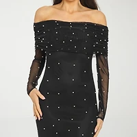 Premier Amour Womens Straight Neck Long Sleeve Off the Shoulder Pearl Trim Evening Gown