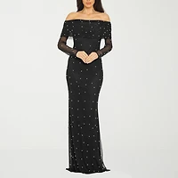 Premier Amour Womens Straight Neck Long Sleeve Off the Shoulder Pearl Trim Evening Gown