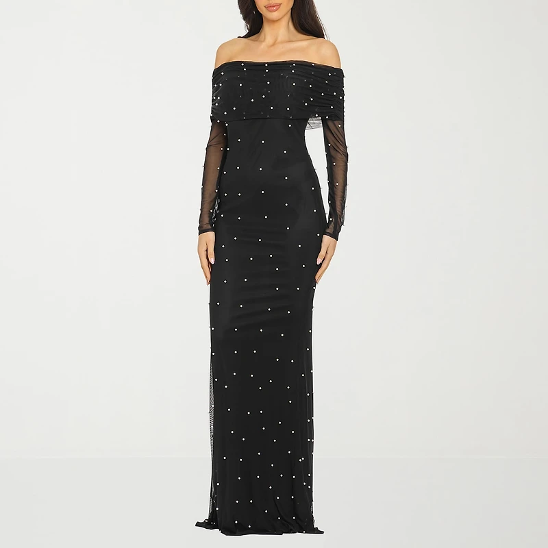 Premier Amour Womens Straight Neck Long Sleeve Off the Shoulder Pearl Trim Evening Gown