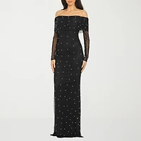 Premier Amour Womens Straight Neck Long Sleeve Off the Shoulder Pearl Trim Evening Gown