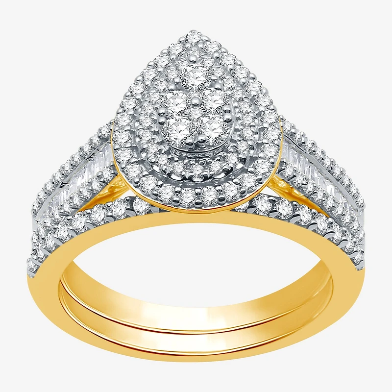 I Said Yes (H-I / I1) Womens 1 CT. T.W. Lab Grown White Diamond Sterling Silver or 14K Gold Over Pear Side Stone Halo Bridal Set