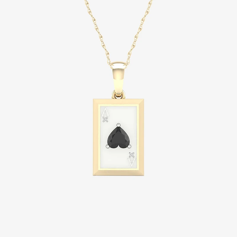 Ace Of Hearts Playing Card Mens Diamond Accent Genuine Black Onyx 10K Gold Sterling Silver Rectangular 18 Inch Pendant Necklace