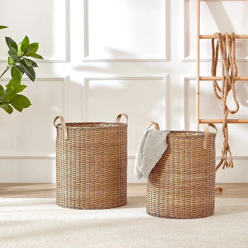Baum Rattan Round Decorative Basket with Faux Leather Handles