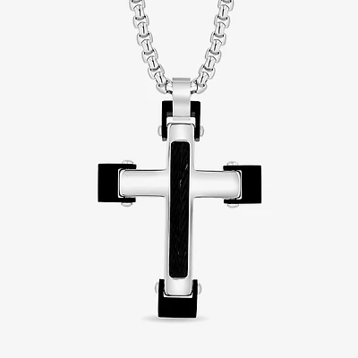 Mens Stainless Steel and Black Cable Cross Pendant