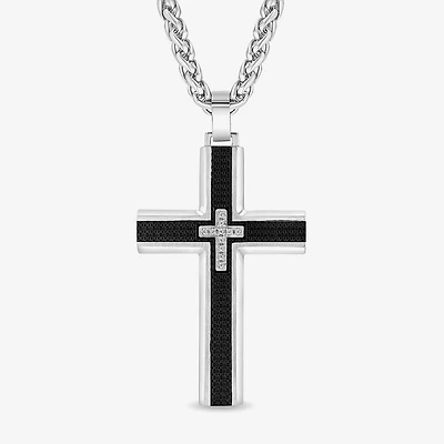 Mens Cubic Zirconia Stainless Steel Cross Inch Pendant Necklace