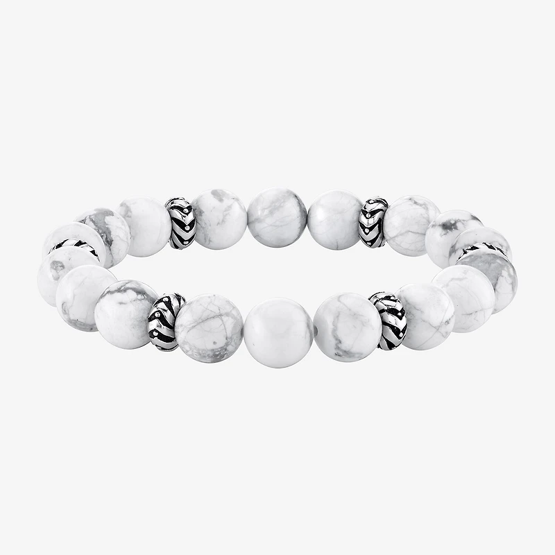 Mens White Howlite Sterling Silver Beaded Bracelet