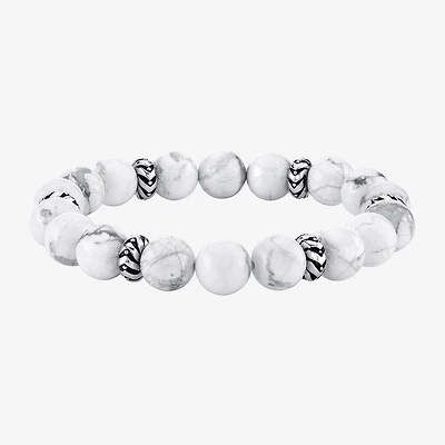 Mens White Howlite Sterling Silver Beaded Bracelet