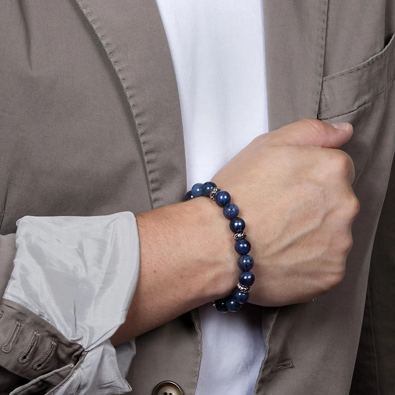 Mens Blue Sterling Silver Beaded Bracelet