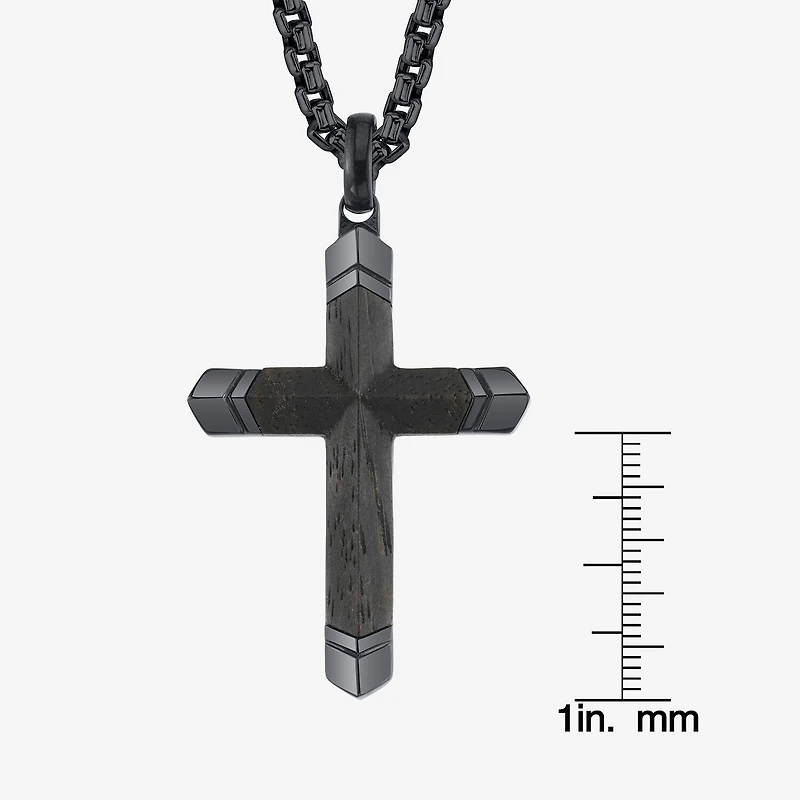 Wooden Inlay Mens Stainless Steel Cross 24 Inch Pendant Necklace