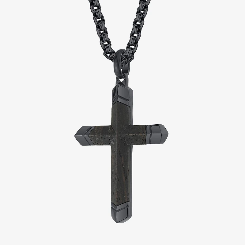 Wooden Inlay Mens Stainless Steel Cross 24 Inch Pendant Necklace