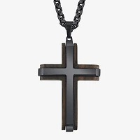 Wooden Mens Stainless Steel Cross 24 Inch Pendant Necklace