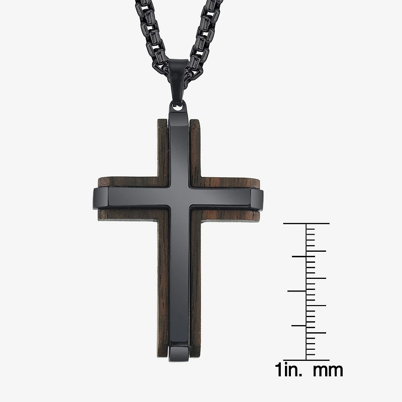 Wooden Mens Stainless Steel Cross 24 Inch Pendant Necklace