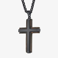 Wooden Mens Stainless Steel Cross 24 Inch Pendant Necklace
