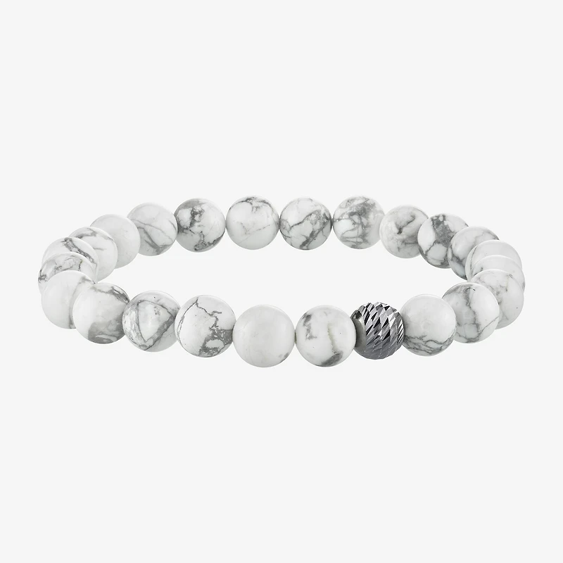 Mens White Howlite Sterling Silver Beaded Bracelet