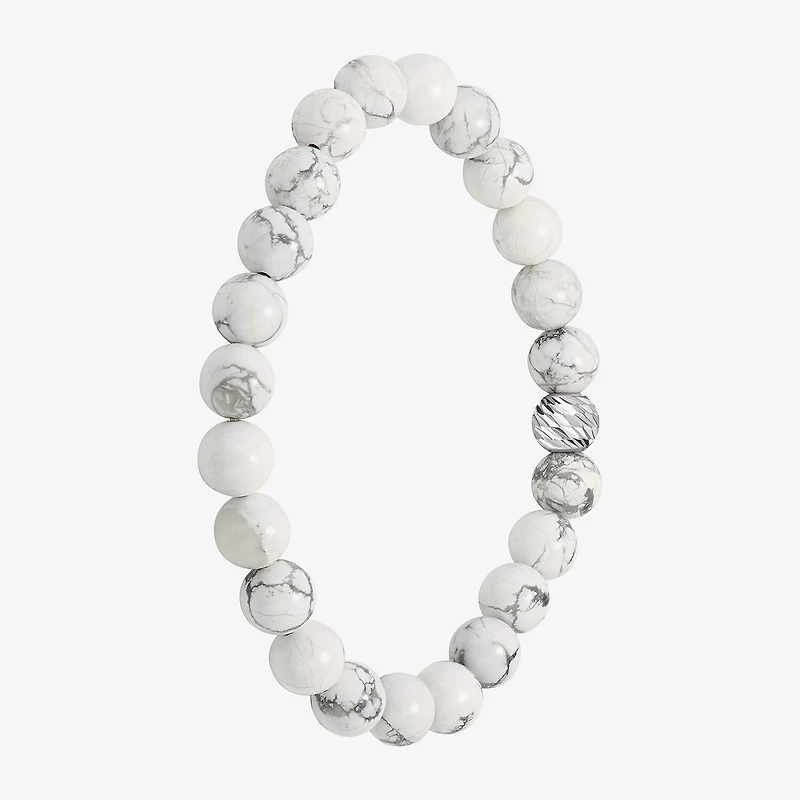 Mens White Howlite Sterling Silver Beaded Bracelet