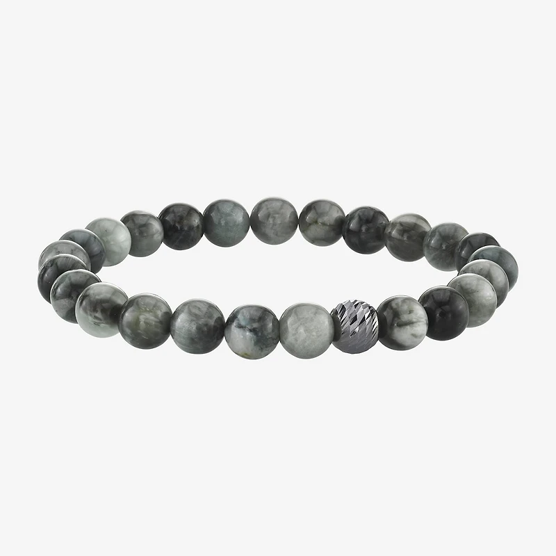 Mens Gray Agate Sterling Silver Beaded Bracelet
