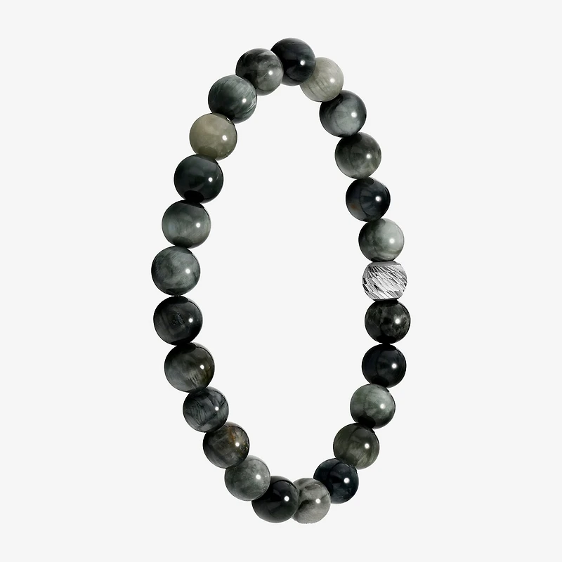 Mens Gray Agate Sterling Silver Beaded Bracelet