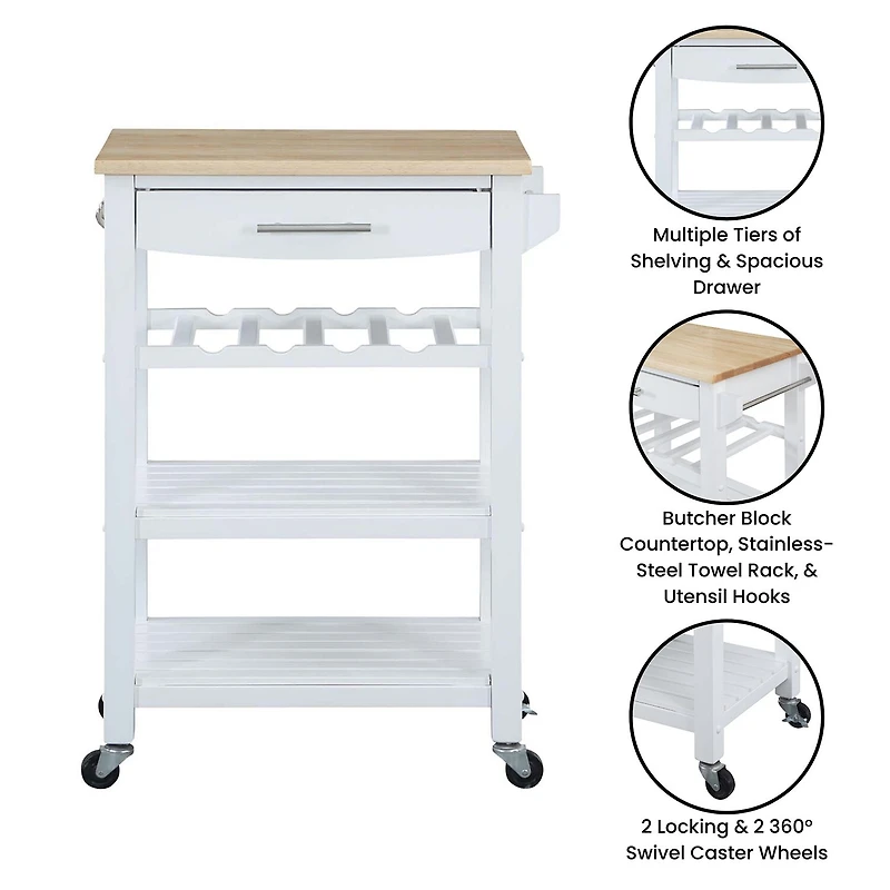Ellaine 4-Tier Butcher Block Kitchen Cart with Drawer and Wine Rack