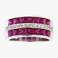 Womens 5MM Lab Created Red Ruby Sterling Silver Band