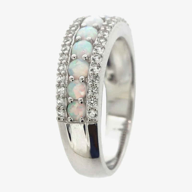 Womens Lab Created White Opal Sterling Silver Band