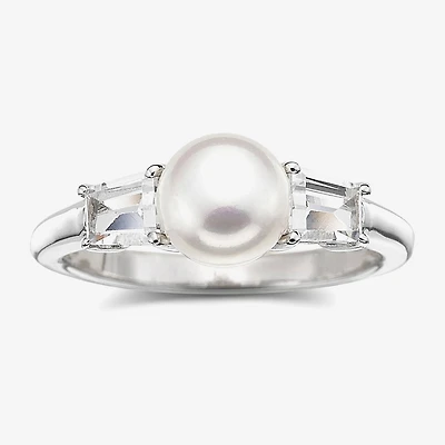 Cultured Freshwater Pearl & Lab-Created White Sapphire 3-Stone Ring Sterling Silver