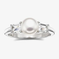Cultured Freshwater Pearl & Lab-Created White Sapphire 3-Stone Ring Sterling Silver