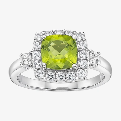 Womens Genuine Green Peridot Sterling Silver Cushion Halo Cocktail Ring