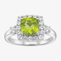 Womens Genuine Green Peridot Sterling Silver Cushion Halo Cocktail Ring