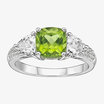 Womens Genuine Green Peridot Sterling Silver 3-Stone Cocktail Ring