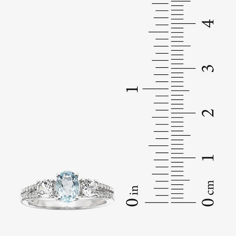 Womens Simulated Blue Aquamarine Sterling Silver Oval 3-Stone Cocktail Ring